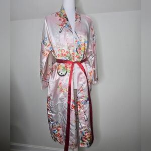 Vintage Japanese Pink Floral Kimono Robe Ichiban Satin Boho Festival Cover Up 42